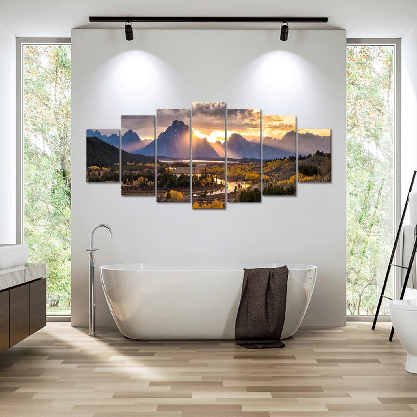 iKNOW FOTO XLarge Canvas Set of 7 Wall Art Grand Teton National Park in Autumn in Wyoming USA Landscape Picture Prints Painting Scenery Wall Decor for Home Decorations 70x32 Inches