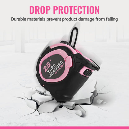 WORKPRO 25-FT Tape Measure with Fractions, 3 Brakes Retractable Measuring Tape, Compact Measurement Tape with Magnetic Hook, Nylon Coating Blade Accuracy 1/32”, Pink