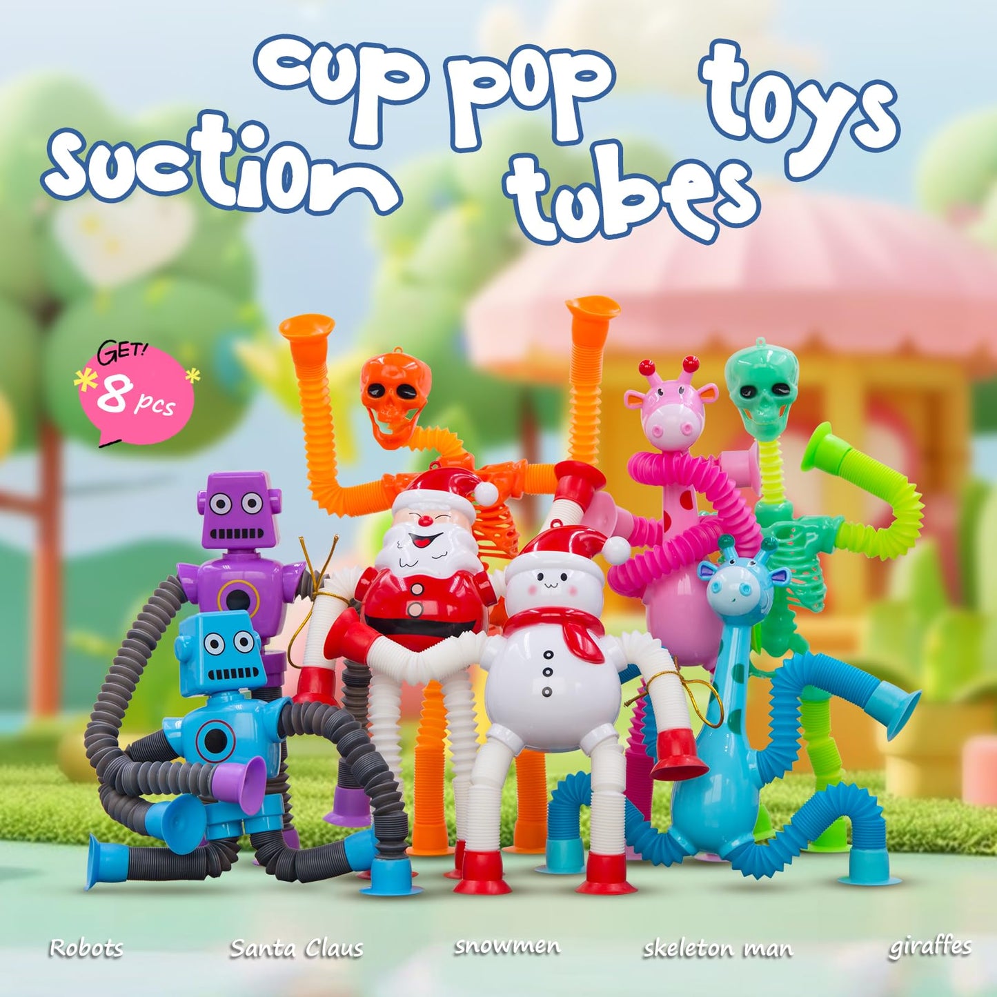Pop Tubes Robot Fidget Toys , 8Pack Skeleton Fidget Pop Toys Telescopic Suction Cup Toy for Stress and Anxiety Relief, Easter Basket Stuffers Gifts for Kids(8 Pack Mixed)