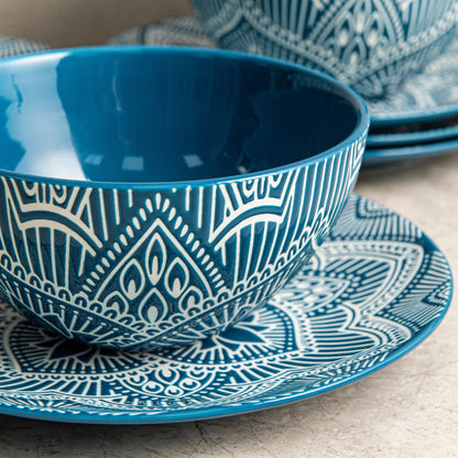 Bzyoo 12-Piece Ceramic Dinnerware Set: La La Mandala Blue Dish Set Design for Every Occasion - Microwave & Dishwasher Safe Stackable Plates Bowls