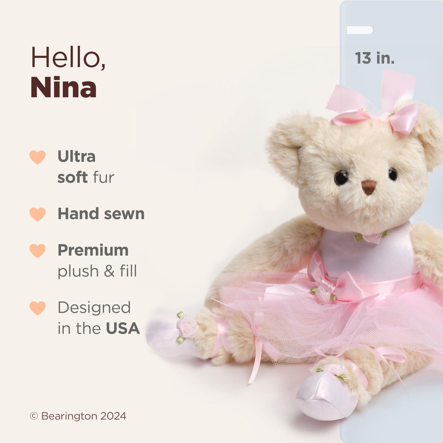 Bearington Collection Ballerina Stuffed Animal - Ballet Doll - Dance Recital Gifts for Girls - Bear Nina - 13"