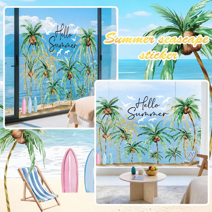 Heirloom Haven Extra Large Hello Summer Window Clings, Summer Sun Beach Window Removable Double Sided Coconut for Glass Windows Home Store Decor