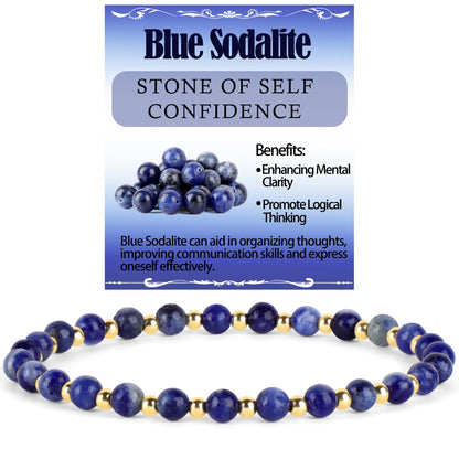 QOGIR Blue Sodalite - Self Confidence - 14K Gold Plated Beads Natural Gemstone Stretch Elastic Dainty Healing Beaded Bracelets Gifts 4mm