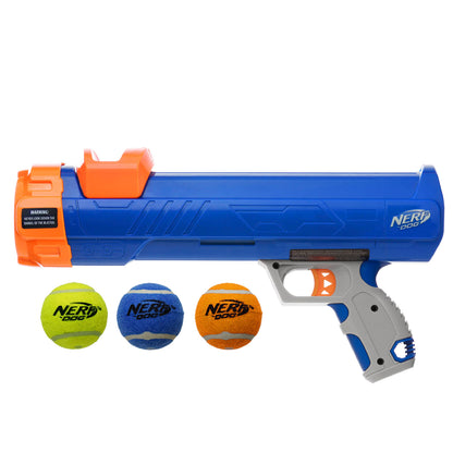 Nerf Dog 12in Blaster w/o Ball Clip 3 2in Squeak Tennis Balls - Opaque Blue/Orange/Gray and Orange and Blue and Green, Small