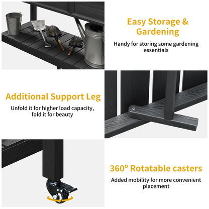 DWVO Raised Garden Bed HDPE with Wheels & Legs, 47x18x31in Weather-Resistant Poly-Wood Elevated Planter Box Outdoor, Double Tier Planters for Patio Balcony Backyard, Black