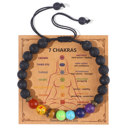 Giovanchi 1 Pcs Lava Rock 7 Chakra Bracelets Adjustable Braided Rope Natural Stone Yoga Stretch Elastic Healing Bead Bracelets for Men Women