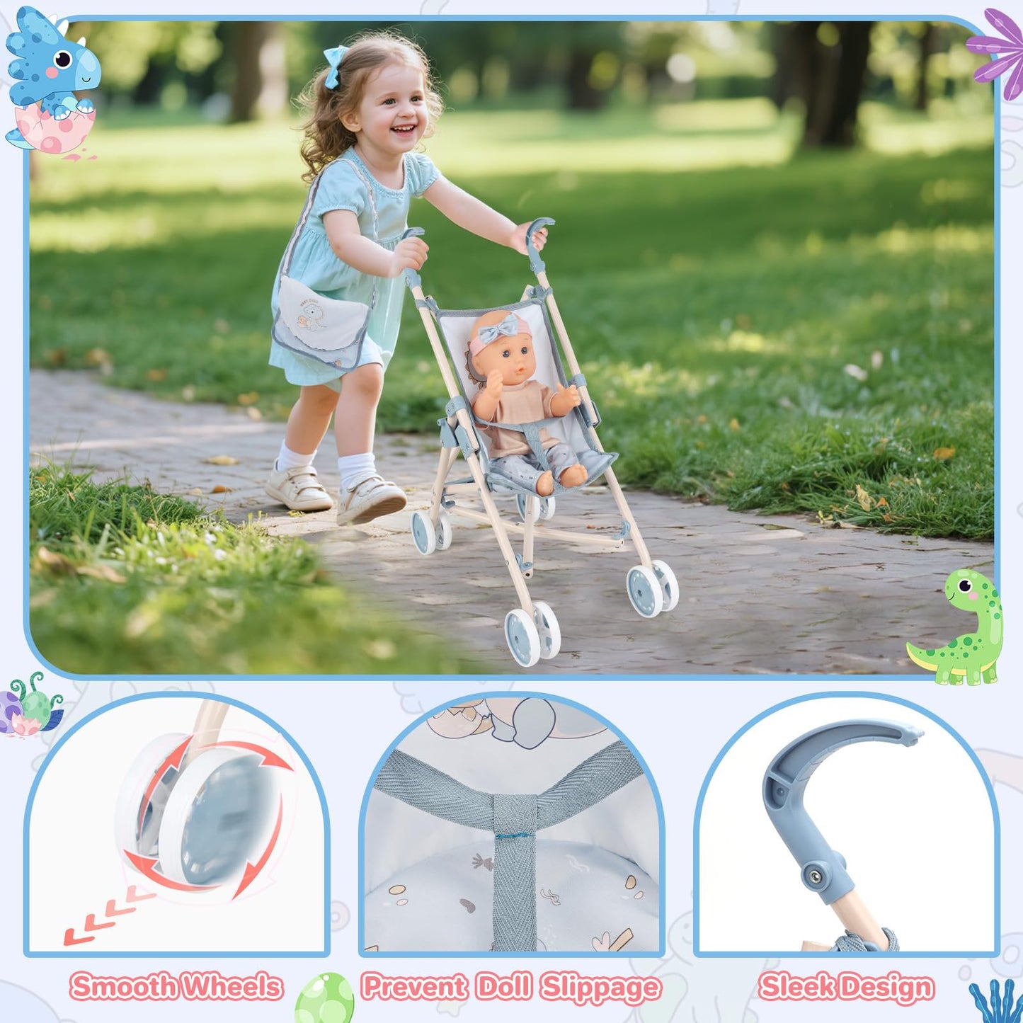 deAO Baby Doll Set,12 inch Doll Playset with Doll Stroller Crib Bed Nursery Role Play Set Accessories and Play Mat,Foldable Stroller and Travel Bag,Birthday Gifts for Girls