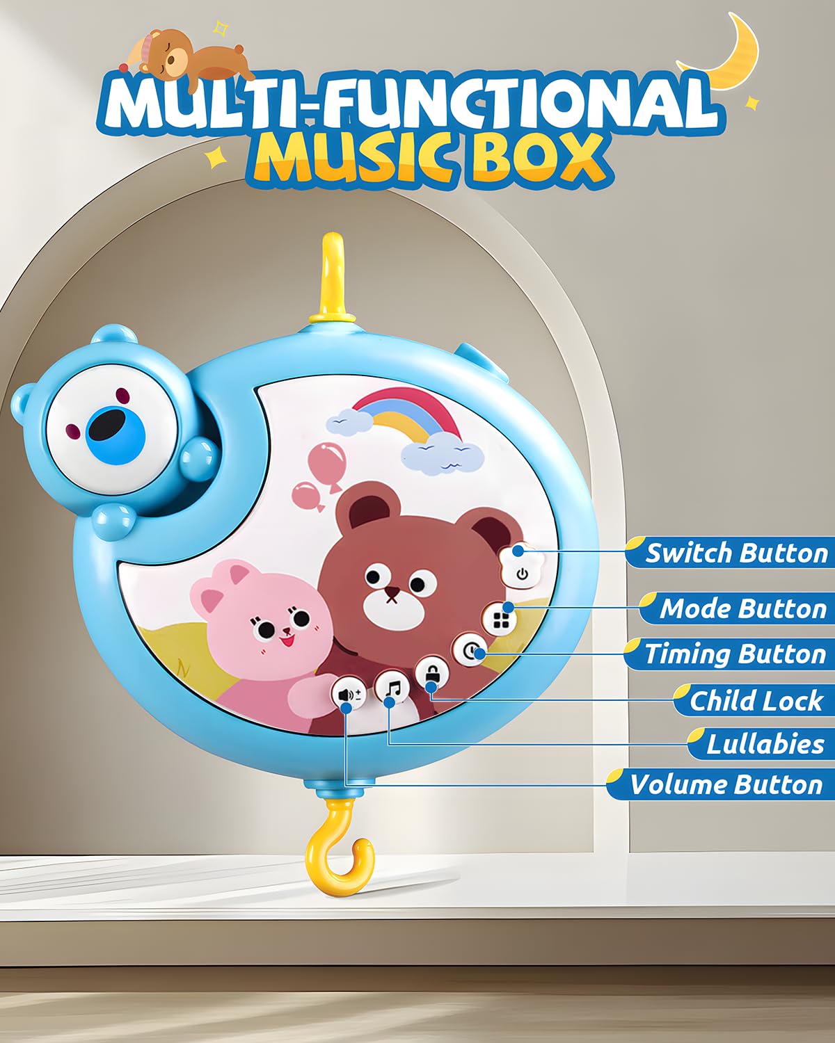 RSEPD Crib Mobile With Music And Lights, Mobiles For Cribs, Baby Mobile Arm Toys Hanging For Bassinets Girls Boys, Nursery Musical Space Portable Infant Mobiles Clip On Pack And Play Hanger 0-6 Months