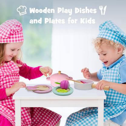 SimpliPlay Wooden Toy Plates and Dishes for Kitchen Set, 30PCS Montessori Play Kitchen Accessories for Toddlers with Toy Pots and Pans, Wooden Play Cooking Set for 3-8 Years Girls & Boys