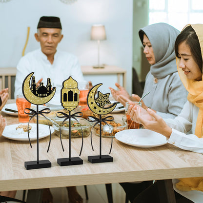 3 Pieces Ramadan Decorations Eid Mubarak Table Decor Wooden Set, Islamic Ramadan Tiered Tray Decor for Muslim Party Tabletop Decor Home (Shiny)
