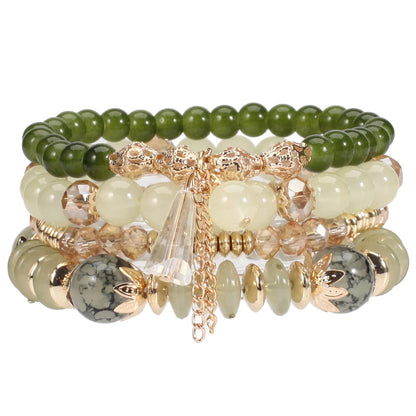 LOTSOF Bohemian Green Jade Stackable Bracelet Set - 4-Layer Stretch Beaded Bracelets with Gold Accents, Boho Jewelry for Women, Fashion Statement Accessory (Gift Ready) (Green)