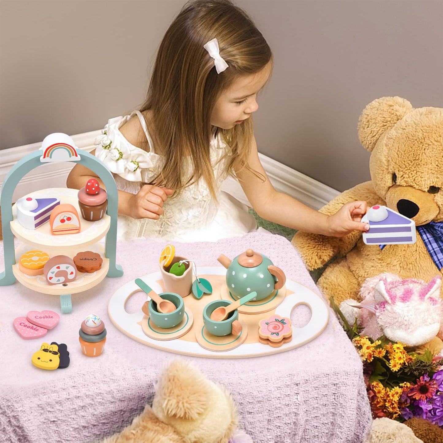 Atoylink Wooden Tea Party Set for Little Girls 28 Pcs Toddler Tea Set with Cupcake Stand & Food Pretend Play Accessories Kids Kitchen Playset Wooden Toys for 2 3 4 5 6 Year Old Girl Birthday Gift