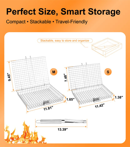 Grill Basket Set for Outdoor Grilling - Large Capacity Fish Grill Basket & Grilling Rack - Food Grade Stainless Steel Portable Flat Basket with Removable Handle for Vegetables, Shrimp & Camping (M+S)