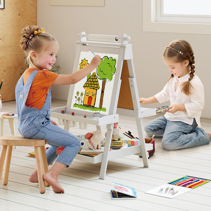 OLAKIDS Easel for Kids, 3 in 1 Adjustable Painting Art Board, Foldable Double-Sided Wooden Drawing Chalkboard Magnetic Whiteboard with Paper Roll, Storage Rack, Cups for Boy Girls (Gray)