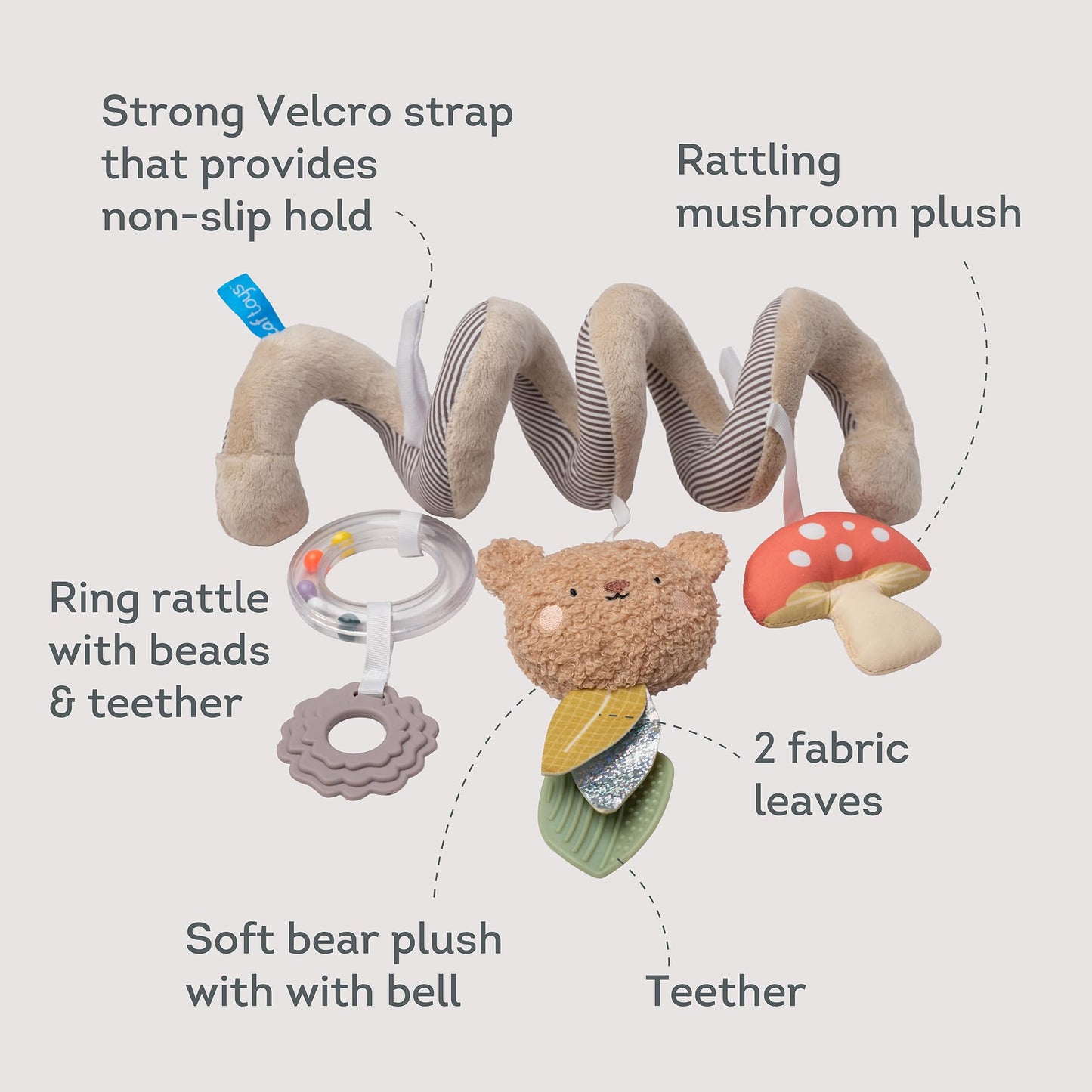 Taf Toys Bear Hug Spiral Car Seat Toy - Plush Bear & Mushroom, Colorful Teethers, Sensory Toys Soft Hanging Toys - Carseat Toys Hanging for Babies 0-6 Months - Newborn Baby Girl Boy Birthday Gifts