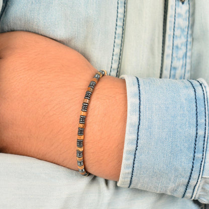 Casvia Picture Stone Beaded Bracelet for Men, Adjustable Hematite Stainless Steel Chain, Durable Mens Jewelry for Daily Wear, Ideal Gift for Father, Boyfriend, Husband