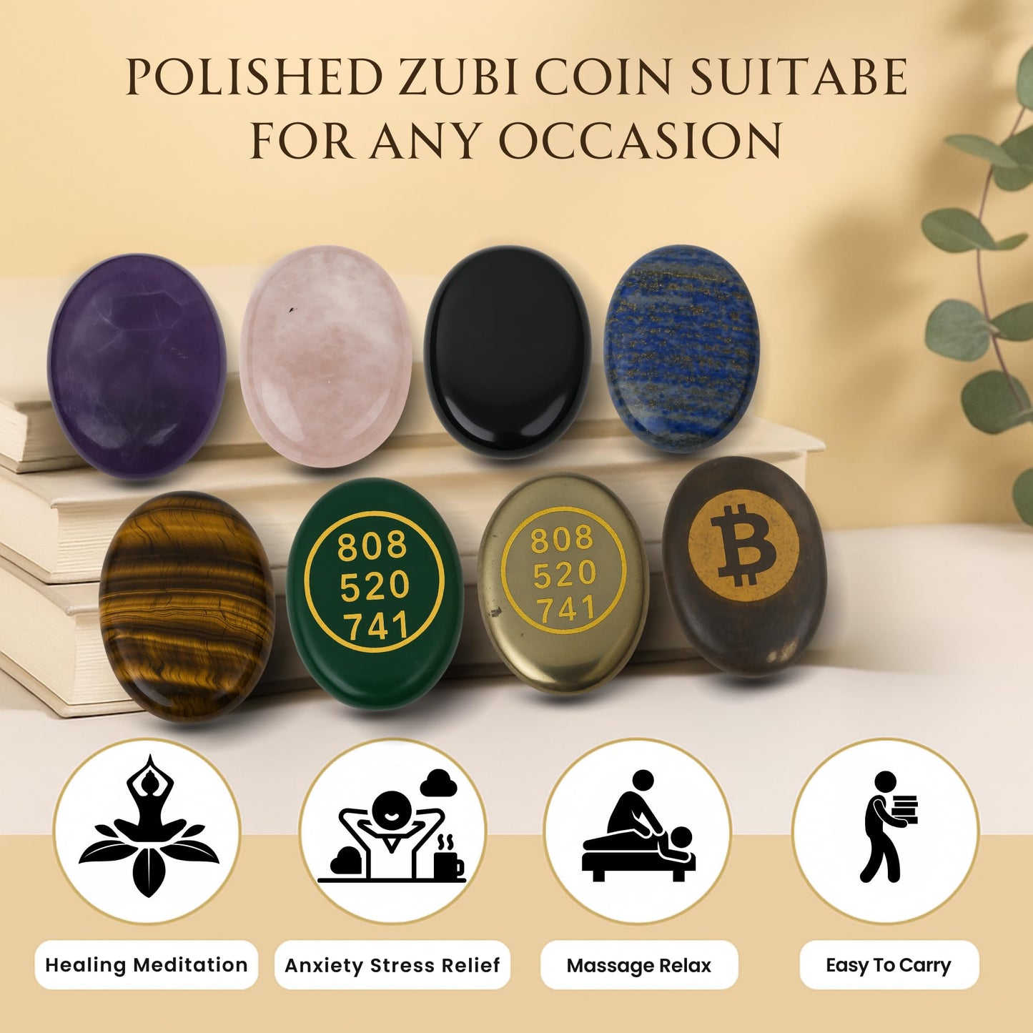 TRRYSTALS Natural Gemstone Zibu Coin with Sacred Symbol Design | Pyrite Stone Decorative Coin for Meditation, Vastu & Home Décor | Collectible Spiritual Style Accessory