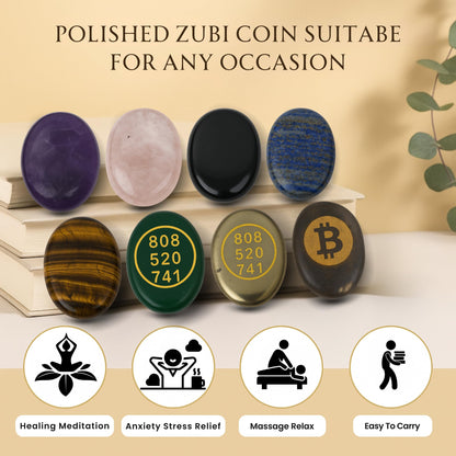 TRRYSTALS Natural Black Obsidian Zibu Coin | Engraved Gemstone Coin for Meditation & Décor | Small Polished Stone Collectible Token For Good Luck
