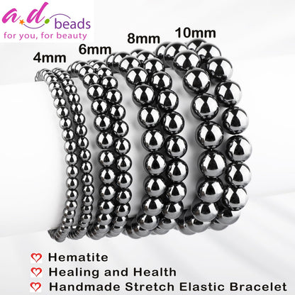 AD Beads 8mm Handmade Hematite Elastic Bracelet – Natural Gemstone for Healing and Health – Meditation, Yoga, Healing and Energy Gift for Men Women