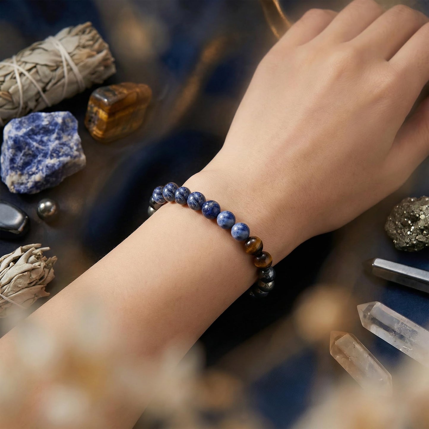 Bivei Focus Willpower Bracelet, Strength Crystal Healing Bracelet 8MM with Hematite & Tiger Eye & Sodalite & Pyrite - Spiritual Stretch Beaded Jewelry for Women Men Gift
