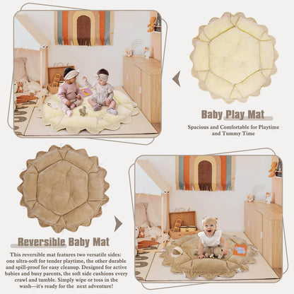 5-in-1 Plush Baby Play Gym, Activity Mat with Convertible Gym, Baby Gym 6 Sensory Toys, Play Center for Newborn to Toddler, Cream