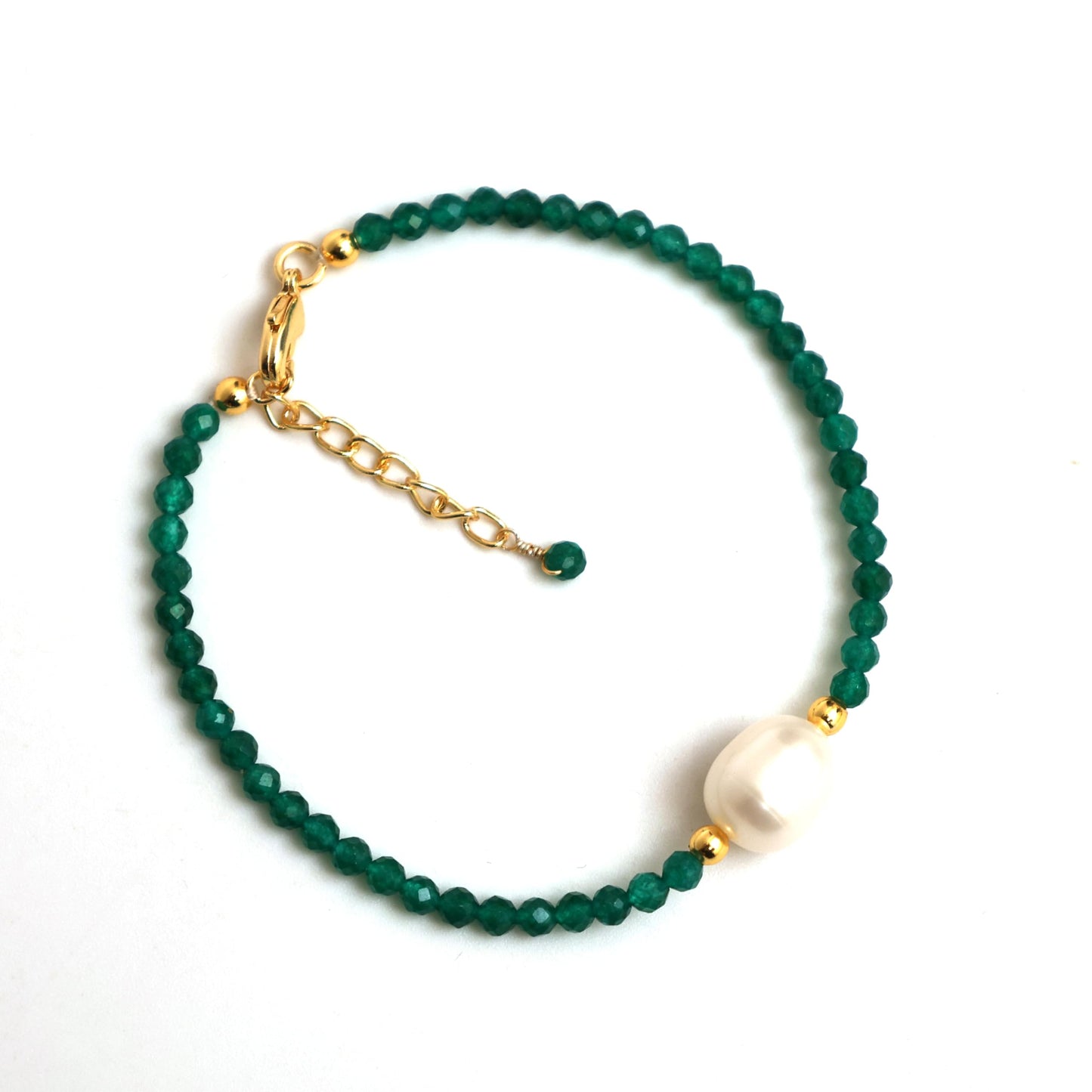 Gempires Green Jade Beaded Bracelet with Pearl Choker Crystal Jewelry Lightweight March Birthstone Gifts Hypoallergenic 7.5 Inch Gold Plated Bracelets For Women
