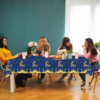 2PCS Eid Mubarak Tablecloths Ramadan Mubarak Table Cloths Eid Al-fitr Disposable Table Cover Islamic Eid Mubarak Decorations Moon Star Lantern Plastic Rectangle Tablecloth for Dinner Picnic 54"x108"