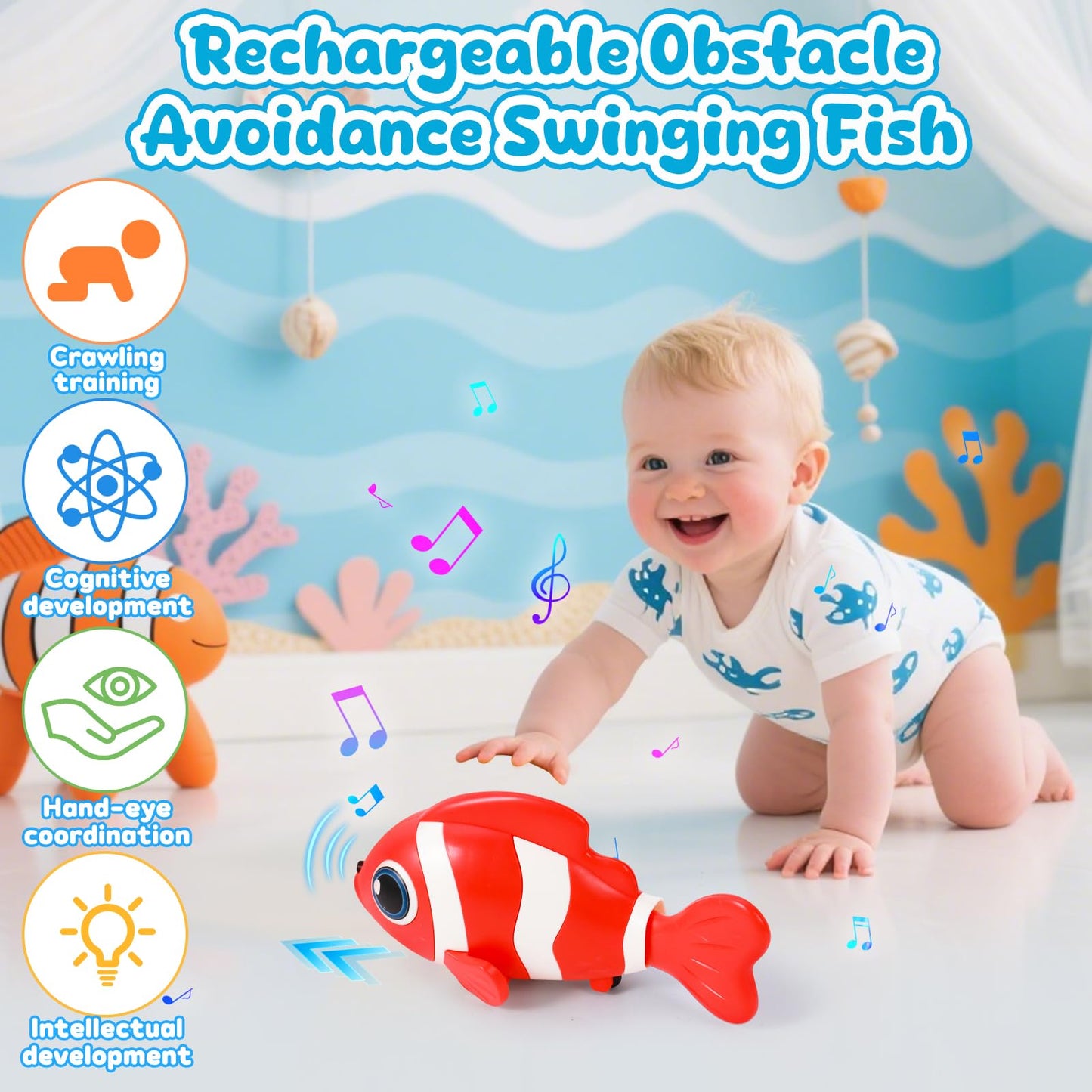 Crawling Fish Baby Toys, Novelty Tummy Time Toys for Babies 6-12 Months, Magic Swinging Fish Crawling Toys for Infant Toddler Learning Crawl Walking Dancing Goodie Bag Stuffers 1st Birthday Gift