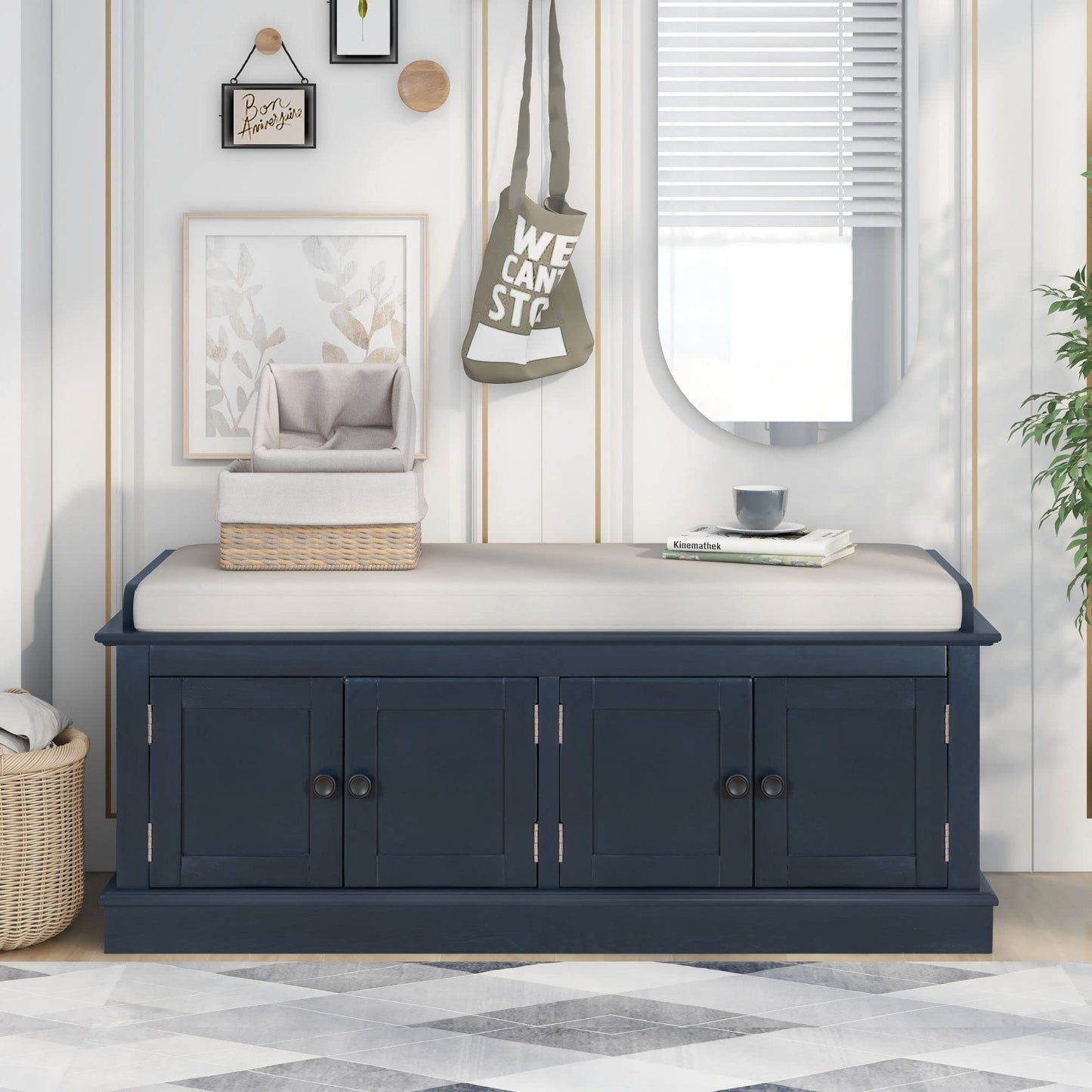 Merax Farmhouse Solid Wood Storage Bench with 4 Doors and Seat Cushion Shoe Cabinets for Entryway Hallway Front Door Antique Navy
