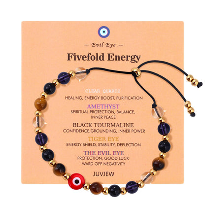 Cute Evil Eye Bracelet Red Black - Natural Crystal Protection Adjustable Spiritual Guardian Jewelry- 5 Healing Stones Clear Quartz Amethyst Black Tourmaline Tiger Eye Bracelet Adjustable (Red Eye-Black Rope)
