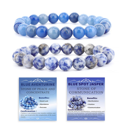 NCB 2-Piece 8mm Natural Crystal Gemstone Stretch Bracelets – ﻿Blue Aventurine, Blue Spot Handmade Reiki Energy Healing Jewelry for Meditation,Yoga, Unisex