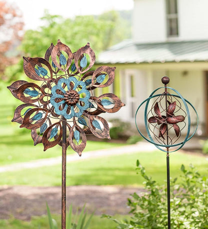 Mesmerizing Copper Lily Wind Spinner Dual-Tone | Petal-in-Petal Design | Independent Rotors | Brushed Copper & Antique Blue |All Seasons | 24" Wx75 H