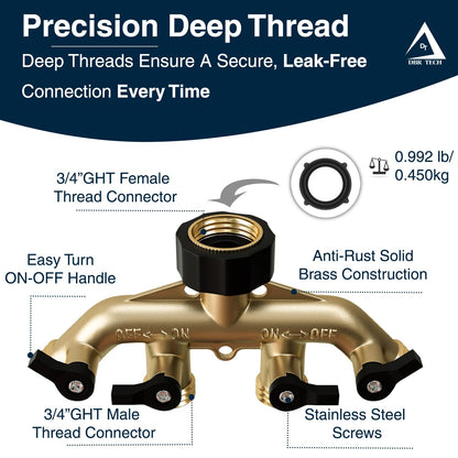 DBR Tech® Heavy Duty 4 Way Hose Splitter (Premium Brass for Superior Durability), Wye Garden Hoses Connector for Water Spigot Faucet Bib Tap, Y Adapter, Rust-Resistant Finish