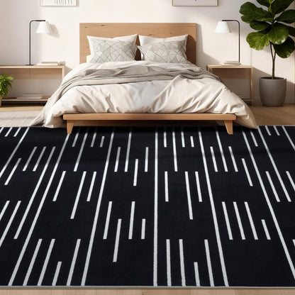 YIHOUSE Abstract Washable Rug 5x7,Ultra Thin Non Slip Black Rugs for Living Room,Modern Minimalist White Stripe Rugs for Bedroom,Dining Room Office Playroom (5'x7',Black-3)
