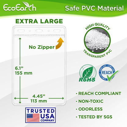 EcoEarth Passport & Identification Card Holders with Soft Edge (Clear, 4x6 Inch, 100 Pack), Extra Large Vertical ID Holder, Zipperless Plastic Name Badge Holders