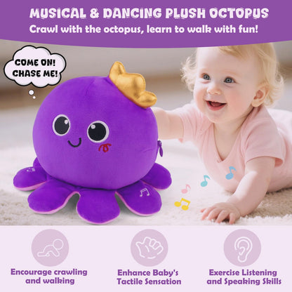 Octopus Baby Crawling Musical Interactive Toys with 97 Melodies, Talking Repeat Function Language Learning for Newborn Infant, Safe Plush Sensory Learning Montessori Toy for Toddlers Gift 0+ Months