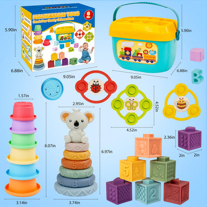 Montessori Toys for Babies Ages 6–12–18 Months with Sensory Shape Sorter Matching Game Box Stacking Cups Soft Ring, Building Blocks, Spinner Developmental Learning Toys for Toddlers 1+ Year Old
