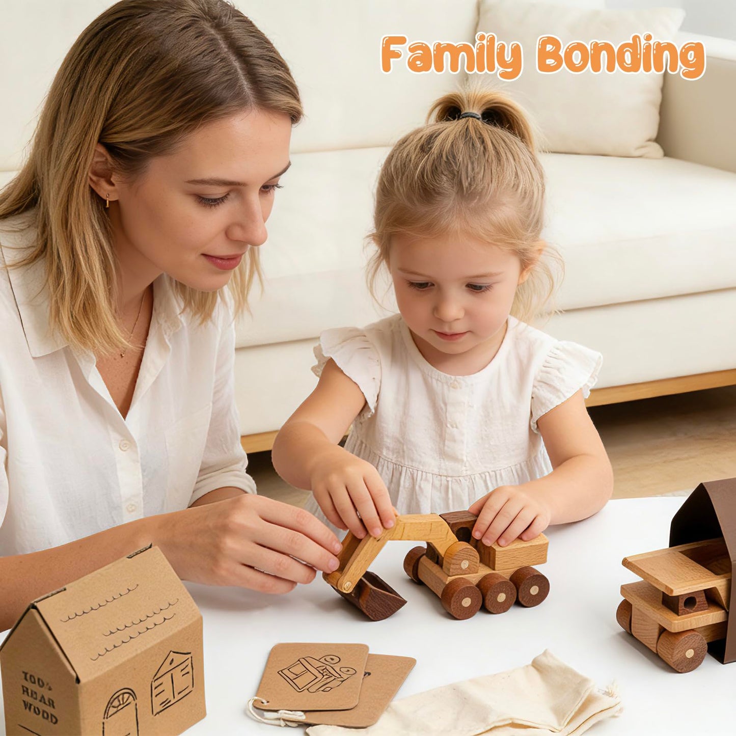kienvy Wooden Toy Cars for 3 Year Old Boys & Girls - Construction Vehicles Set Push Toys for Toddlers, Wood Montessori Car with Rolling Wheels, Natural Wood Toys (Excavator & Dump Truck)