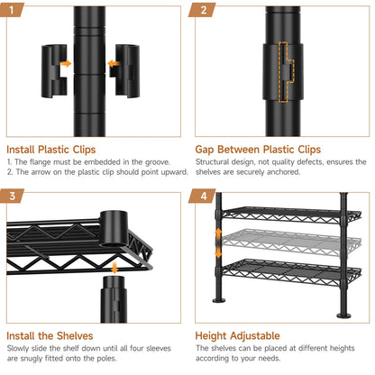 Wall Mounted Garment Rack, Walk-in Closet System with 4 Expandable Rods, 8 Adjustable Shelves, Industrial Pipe Clothing Racks, Hanging Clothes Organizers and Storage, Metal Closet Shelving Black