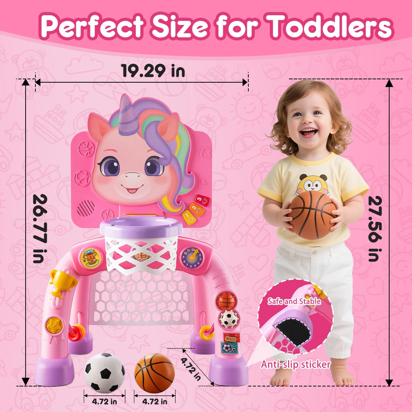 JMMICO Toddler Basketball Hoop & Soccer Goal Activity Center, Interactive Toys with Light Music,Unicorn Toddlers Musical Toys Gift, Baby Birthday Easter Gifts Gift for 1 2 3 Year Old Boys Girls