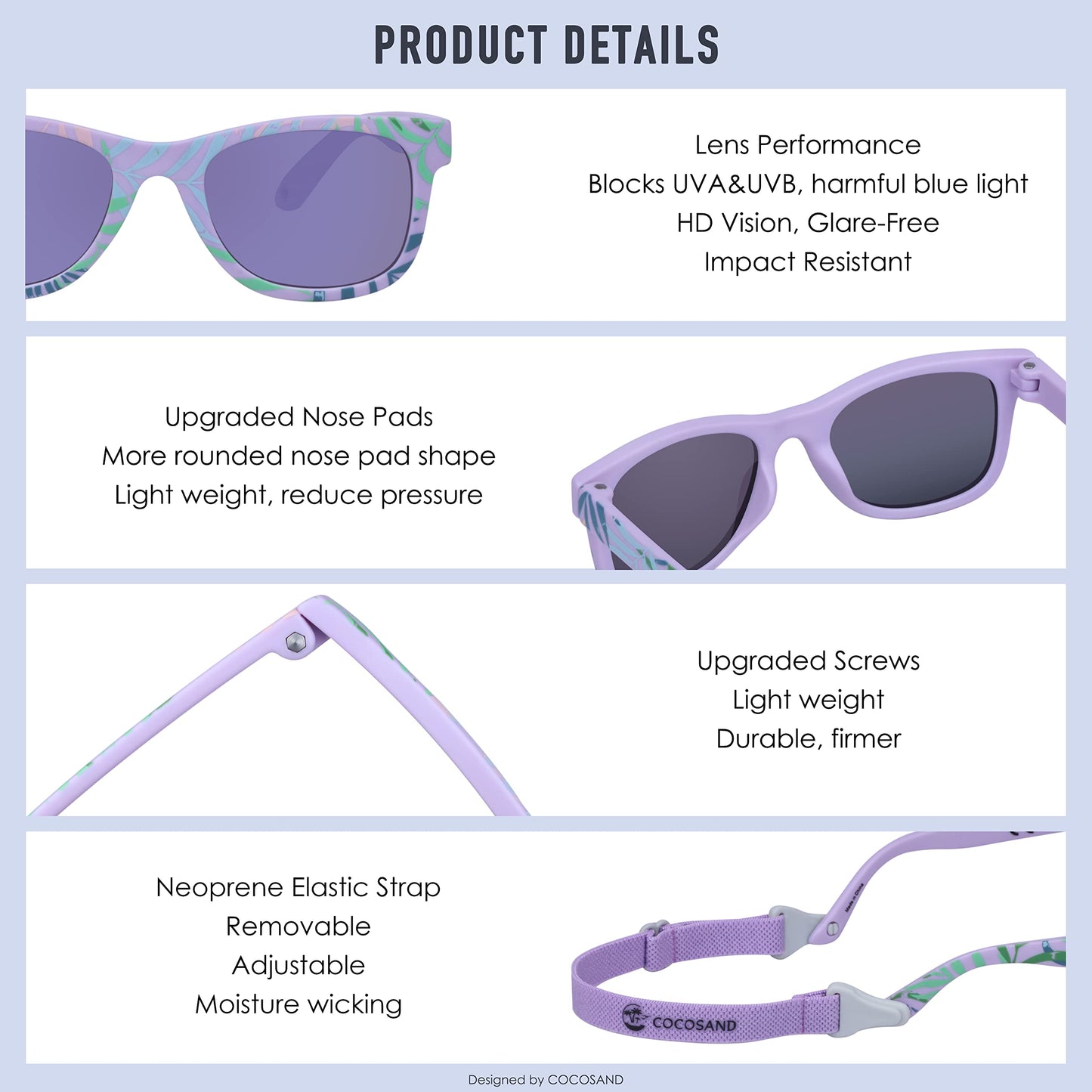 COCOSAND Flexible Polarized Baby Sunglasses with Strap UV Protection for Toddler Infant Newborn Girl Boy Age 0-24 Months, Matte Purple with Leaf Print