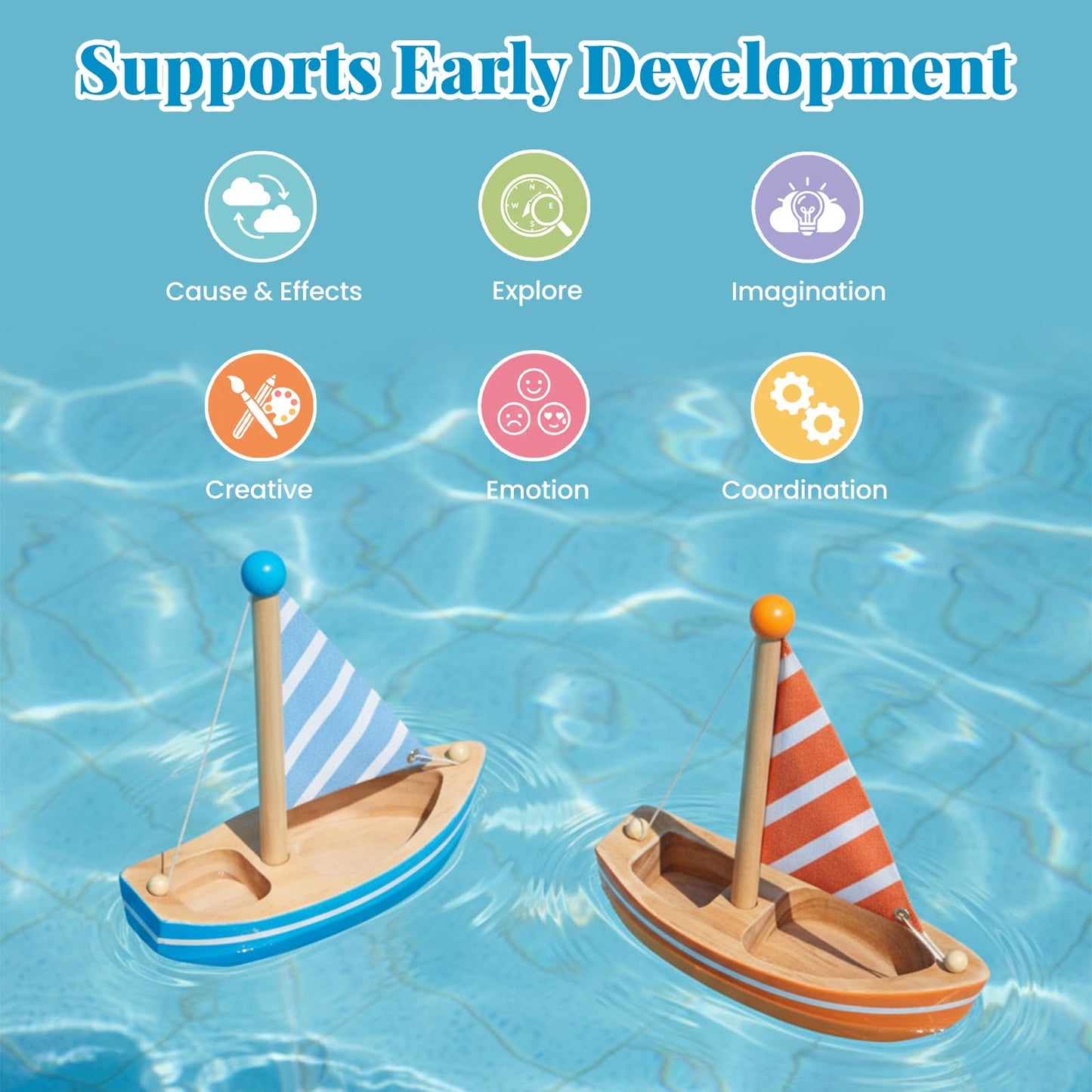 Wooden Bath Toys, 2 Pcs Sailboats for Kids, Pretend Play Motor Skills, Kids Bath Toy Floating Boat