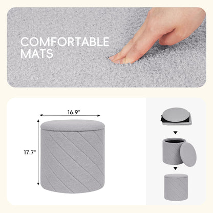 PINPLUS Ottoman with Stroage Round Boucle Ottoman and Tray Sherpa Removable Foot Stool Coffee Table for Dorm, Living Room Grey, 16.9"x16.9"x17.7"