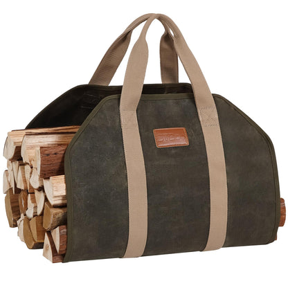 STBoo Firewood Carrier Waxed Canvas: Log Carrier for Firewood Heavy Duty | Fire Wood Carrier Tote Bag | Fireplace Log Holders for Firepit Outdoor Camping, Indoor, Wood Stove Accessories Gift, Geen