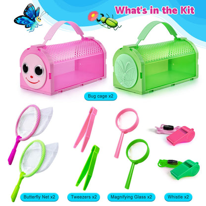YOPINSAND Bug Catcher for Kids, 10 Pcs Outdoor Exploration Kit with 2 Cages, Tweezers, Magnifying Glass, Nets, Whistles - Gift for Boys & Girls Aged 3-12