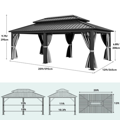YITAHOME 12X20FT Hard Top Metal Gazebo Patios Double Roof Canopy Aluminum Frame Garden Gazebo Tent Curtains Netting for Patios Backyards Decks Lawns Gray