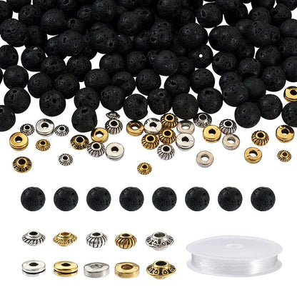 FASHEWELRY Mala Yoga Men Bracelet Making Kit - 300pcs Natural Gemstone Lava Rock Tibetan Alloy Beads Healing Chakra Stone Beads with Elastic Thread for Essential Oil Diffuser Jewelry Making