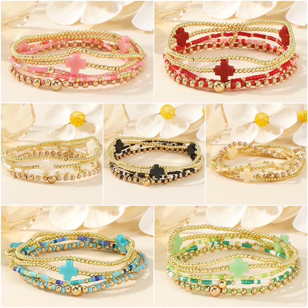 Bohxantium Gold Cross Beaded Bracelets Stack for Women, Black Boho 5PCS Stackable Stretch Set with 14K Gold Beads Waterproof Non Tarnish Jewelry for Beach Summer Party Christian Faith Friendship Gift