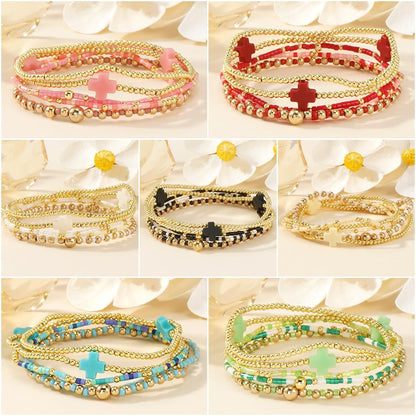 Bohxantium 14K Gold Plated Beaded Stretch Bracelets Stack Set for Women- Pink Stackable Elastic Waterproof Boho Style with Cross Bracelet - Colorful Seed Beads Jewelry Christian Faith Summer Gift