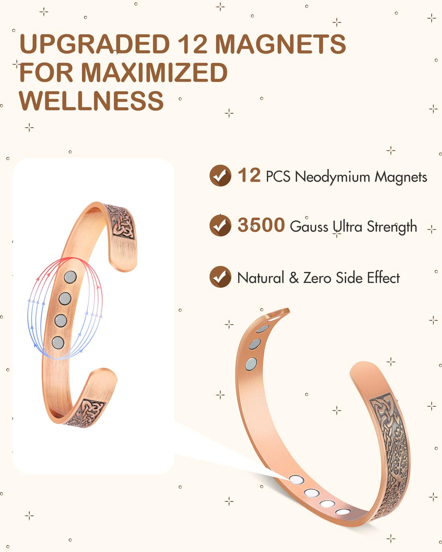 Feraco Copper Bracelet for Women, Ultra Strength Magnetic Bracelets, 99.99% Pure Copper Cuff Bangle with 3500 Gauss Neodymium Magnets, Tree of Life
